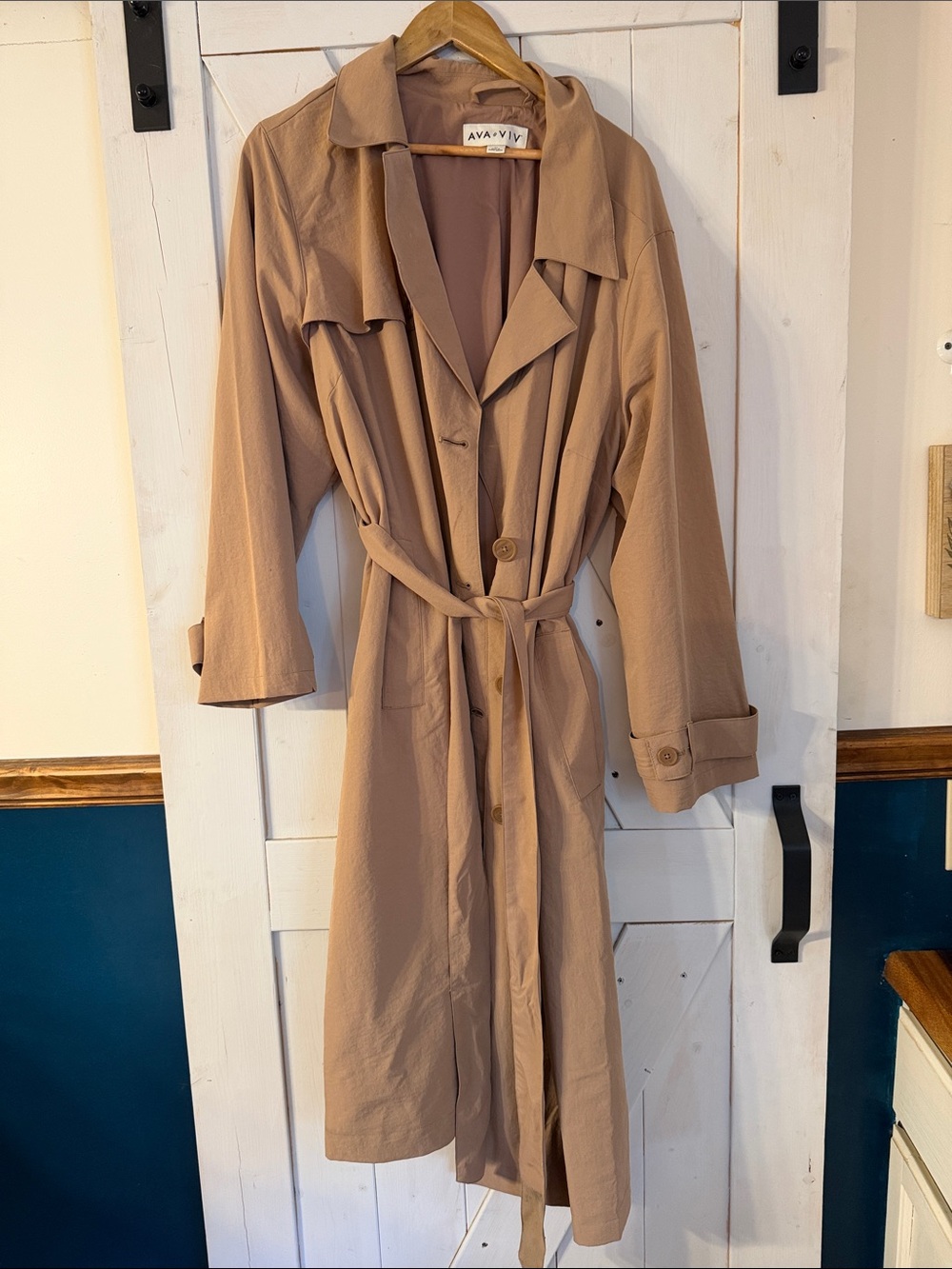 Ava & Viv Long Taupe Trench Coat with Self-Tie Belt